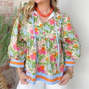 Floral Peasant Blouse with Contrast Trim - Green Multi